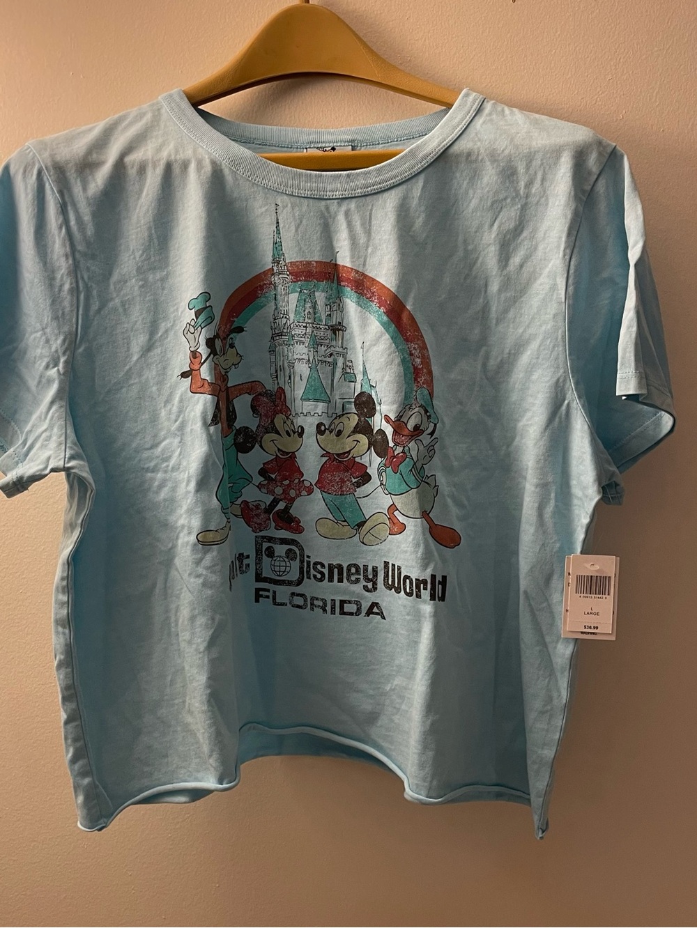 Women’s Disney World cropped tee shirt light blue New never worn size large
